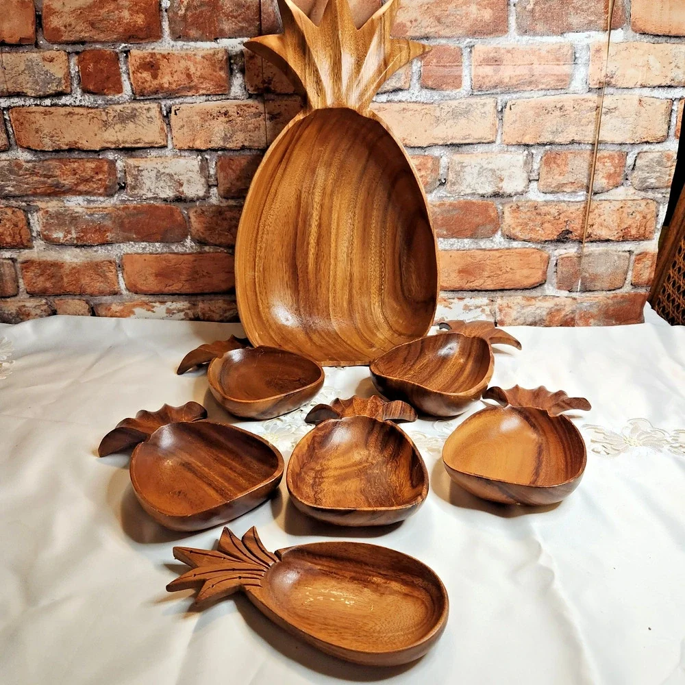 Vintage Monkey Pod Wood Pineapple Bowl Set 7pc Philippines MCM Tiki